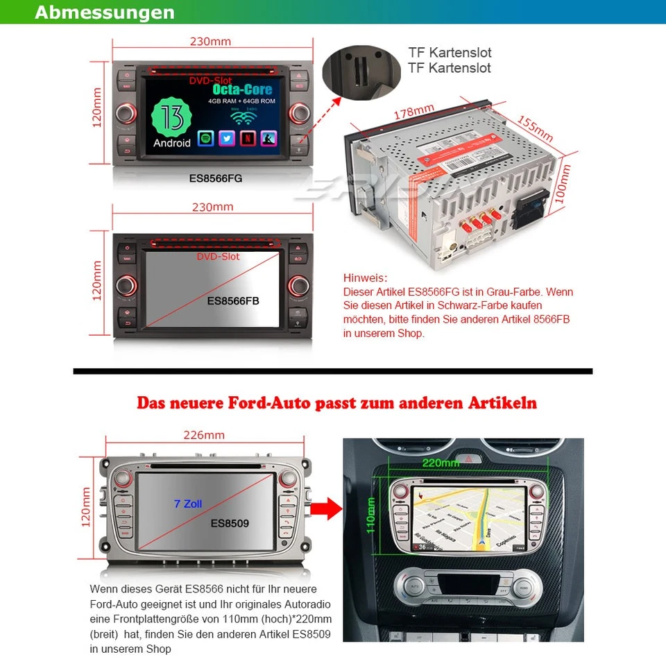64GB Android 13 DAB+ Autoradio CarPlay GPS Ford Focus C/S-Max Fiesta Kuga Fusion - Bild 3 von 4
