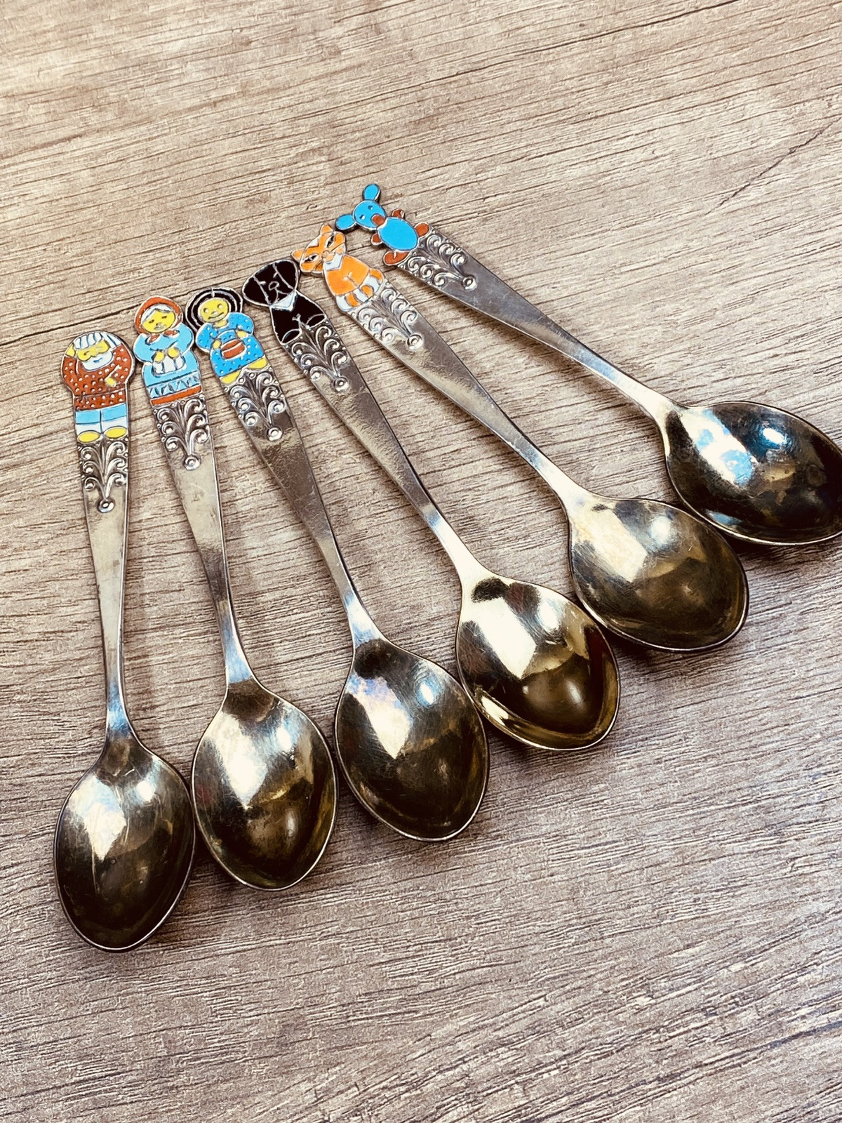 Vintage SILVER PLATED SET 6 Tea spoons Enamel Melchior cupronickel