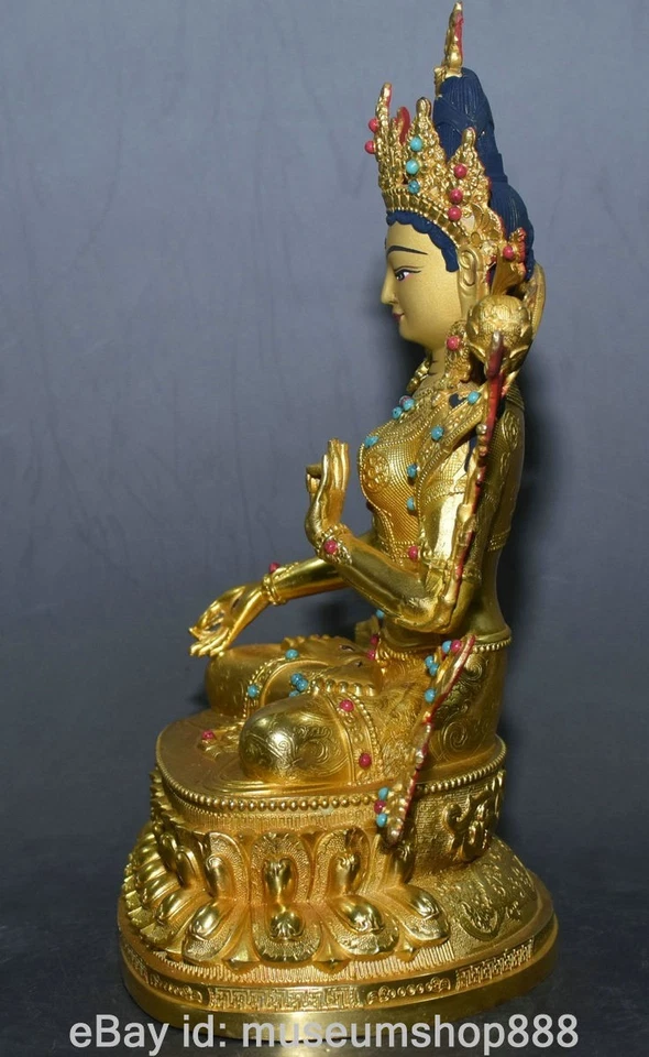 8.4" Od Tibetano Cobre Gemas Budismo Blanco Tara Diosa Flor Estatua Foto 3 de 4