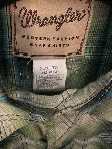 WRANGLER Pearl Snap Western Shirt Womens Large Green/Blue With Gold Glitter - Picture 5 of 12