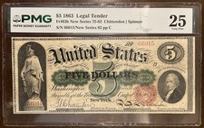 1863 $5 Legal Tender PMG VF 25 Fr.#63b New Series 75-83 Chittenden Spinner