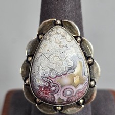 Vintage 925 Sterling Silver Floral Ring Teardrop Crazy Lace Agate Gemstone 11.3g