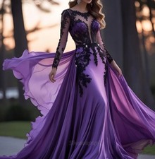 Elegant Lavender Mermaid PromDress With Black Lace Appliques Long Sleeves O-Neck