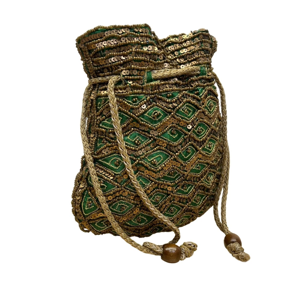 复古手工绿色和金色串珠抽绳袋带装饰亮片 — 第 4/4 张图片