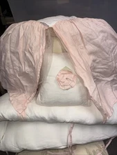 Lulla Smith Set of 5 ~ Linen Ivory ,Pink Crib Skirt , Pillow Throw , See Pics