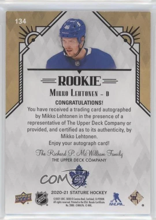 2020-21 Upper Deck Stature Rookies Red /45 Mikko Lehtonen #134 Rookie Auto RC - Image 2 of 2