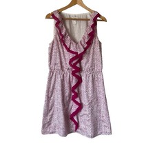Ann Taylor LOFT👗Women’s Dress SZ Medium Pink Dot Print, Sleeveless, Ruffle Trim