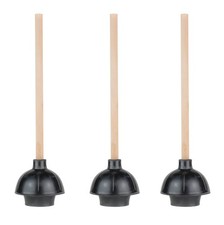 SteadMax 3 Heavy Duty Toilet Plungers, Double Thrust Rubber Cup Wood Handle