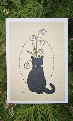 Black Cat Lilly Of The Valley- 5x7 Digital Art Print Illustration