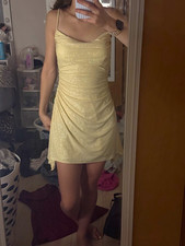 Windsor Yellow Glitter Ruched Cowl Neck Spaghetti Strap Mini Dress Size S