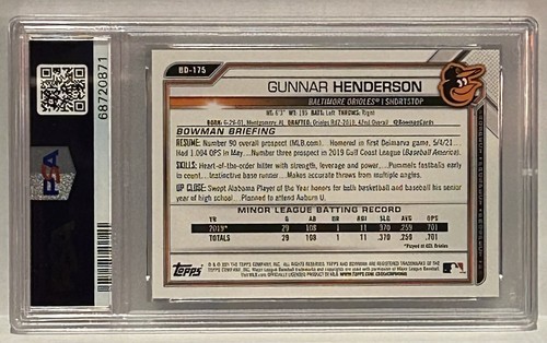 2021 Bowman Draft #BD175 Gunnar Henderson Sky Blue PSA Graded GEM MT 10 MLB Card - Picture 5 of 6