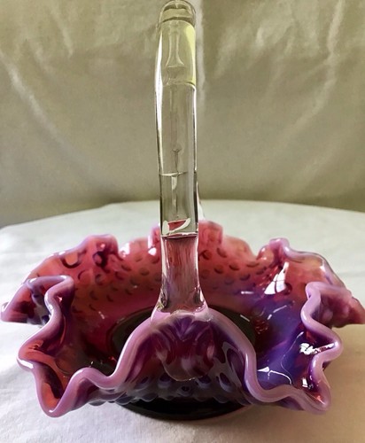 "RARE" Vintage Fenton art glass plum opalescent hobnail basket - Picture 3 of 4