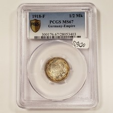 1918-F Germany Empire 1/2 Mark .0802 ASW - PCGS MS 67 - SKU-Q3120