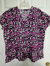Cassandra O Scrub Top Size XL-Black/Pink Heart/CA Ribbon-Chest 24"/L 28.5"