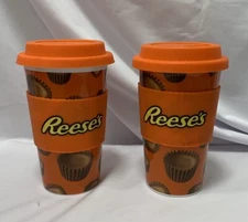 Reese's Peanut Butter Cup Travel Coffee Mugs Silicone Grip Ceramic - Set Of 2