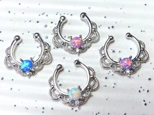 1pc NON-Pierced Lacey Single Opal Septum Hanger Fake Clip-on Nose Ring 