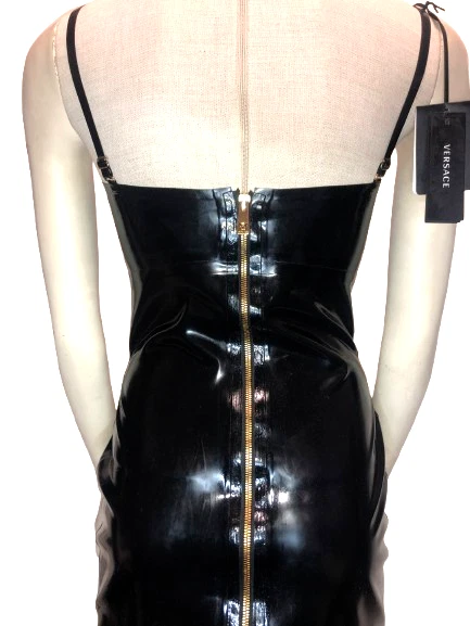 VERSACE Black Latex Zipped Dress with Medusa G Logo on Straps size 40 ITA