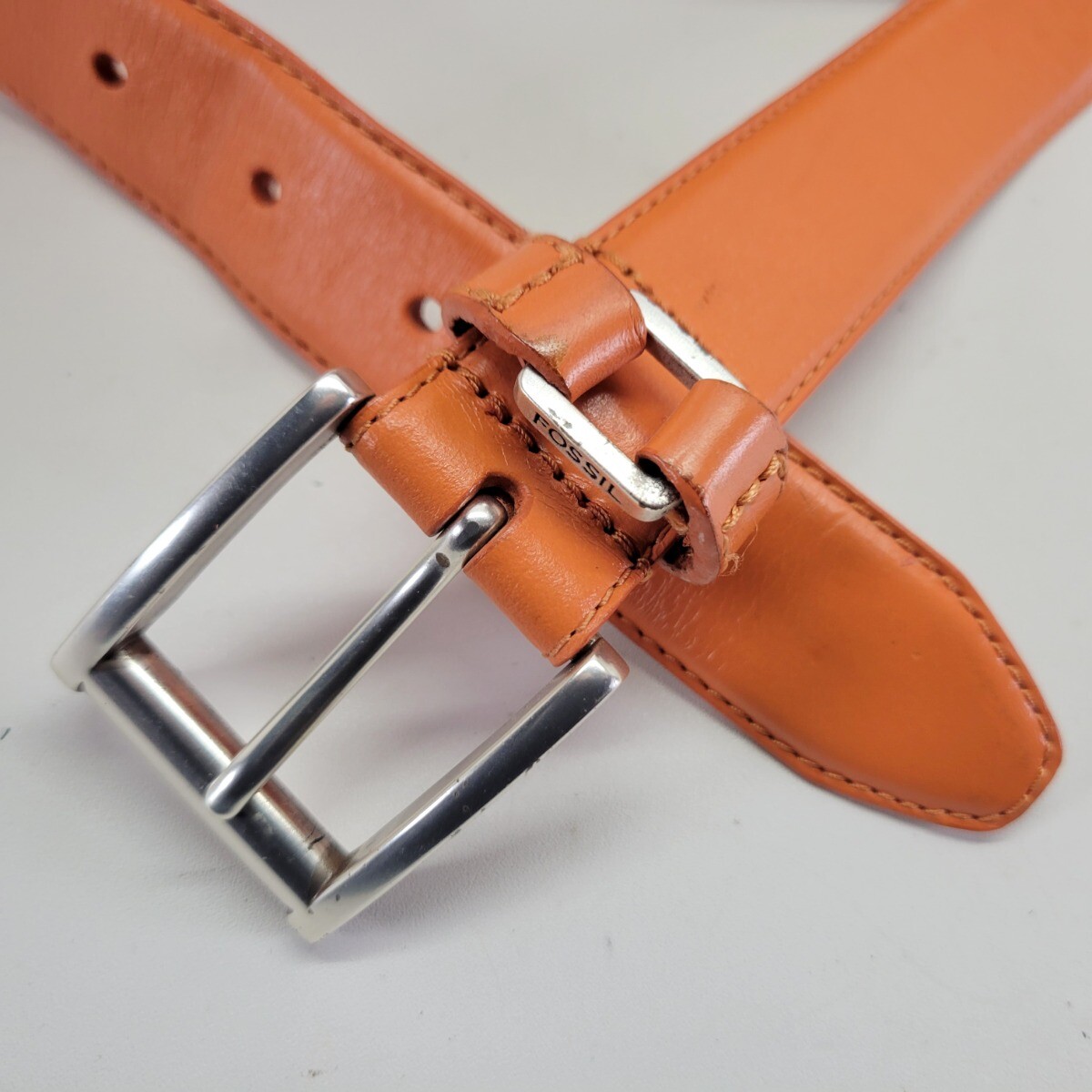 Fossil Leather Belt 34 Large Chain Link Keeper Tangerine Orange
