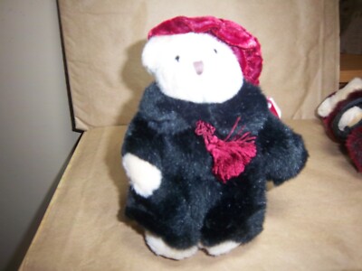 Russ ''Sasha''  Bear 7 in.  dressed in black fur coat  and burgundy velvet  hat