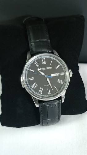 HERITOR Prescott Black Dial Silver Case Leather Strap Automatic Men's Watch 43mm - Picture 1 of 6