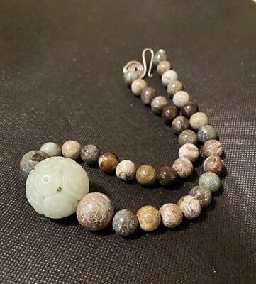 Green Snakeskin Jasper Carved Jade And Bali Silver Clasp Necklace