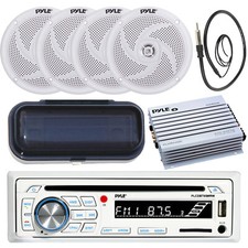 Pyle PLCDBT65 Boat Radio CD Receiver, 4x 4" White Speakers, Cover, Amp, Antenna