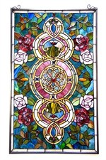 Stained Glass Window Panels 2 ea Floral Medallion Design 20" X 32" MATCHING PAIR