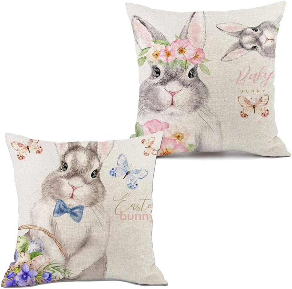 Easter Bunny Pillow Cover Set 18x18 Inch 2pc Cute Rabbit Spring Home Decor