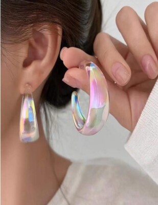 Iridescent Hoops Holographic Lucite Acrylic Transparent Retro Earrings  Big