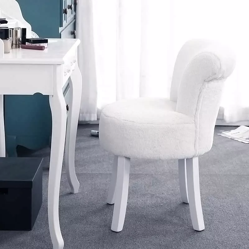 White Plush Fabric Dressing Table Chair Vanity Stool Bedroom Makeup Padded Seat