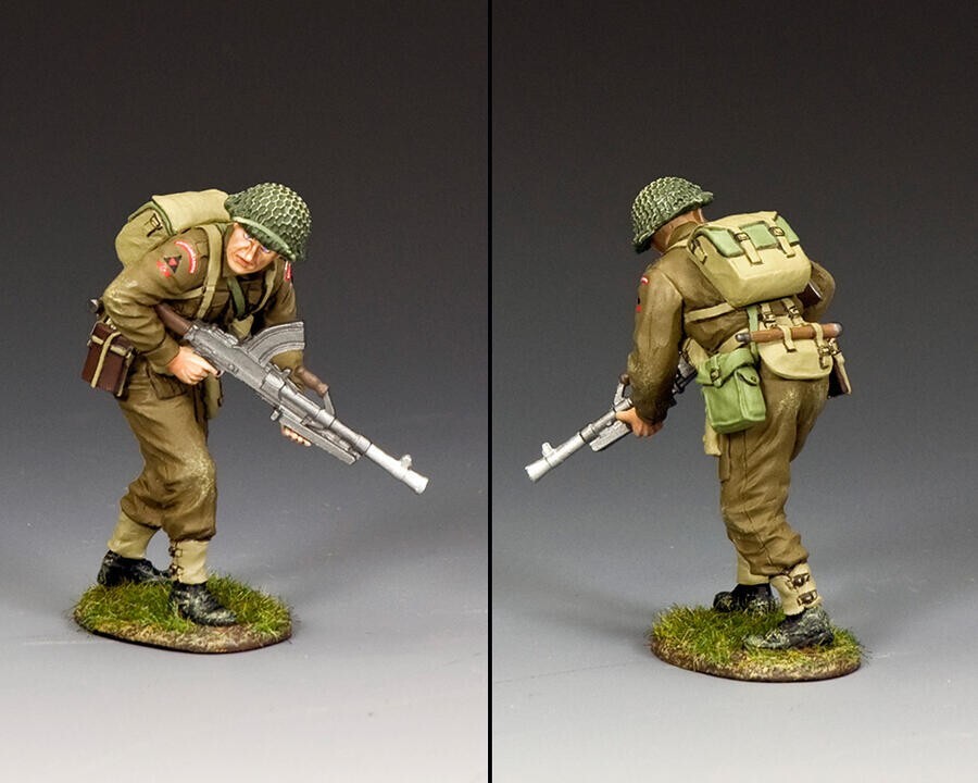Figurine Militaire DD340(G) King and Country Advancing Bren Gunner 1:30 avec Base Herbe