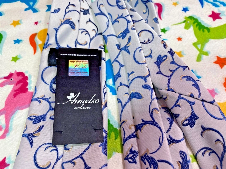 Amedeo 独家提花灰色蓝色花卉高级领带 - 全新带标签 — 第 2/2 张图片