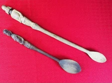 2  Antique African Hand-Carved Wooden Spoon 12” & 9” Tribal Primitive Folk Art