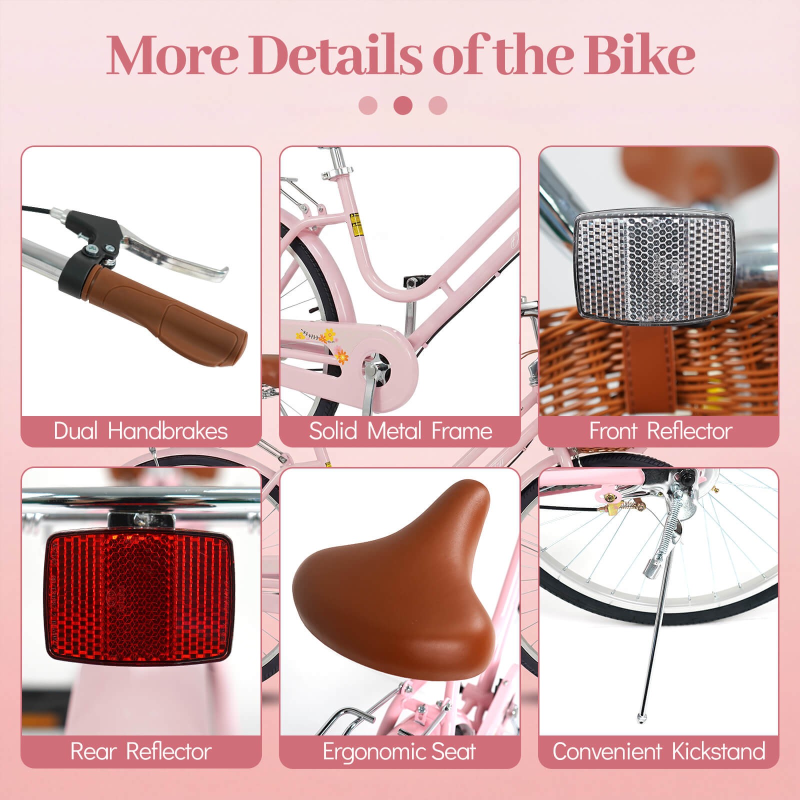 26-Inch Beach Cruiser Bike,w/Adjustable Seat, Woven Basket & Rear Rack,Pink.