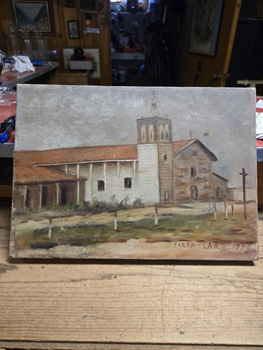 Antique Spanish Mission Santa Clara De Asis Landscape Oil Painting San Jose CA