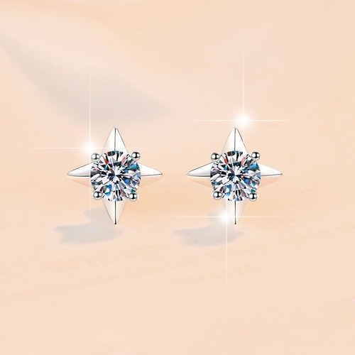 #69 Moissanite 1CT Compass Star Stud Earrings 925 Sterling Silver - Picture 2 of 6