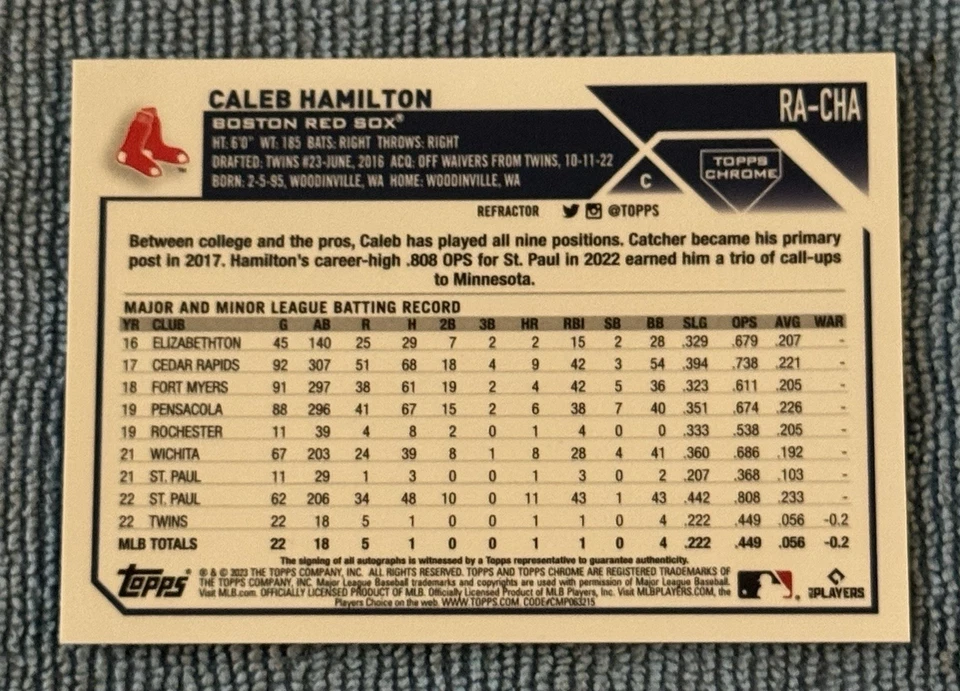 2023 Topps Chrome Refractor Caleb Hamilton RC 424/499 Red Sox - Image 2 of 4