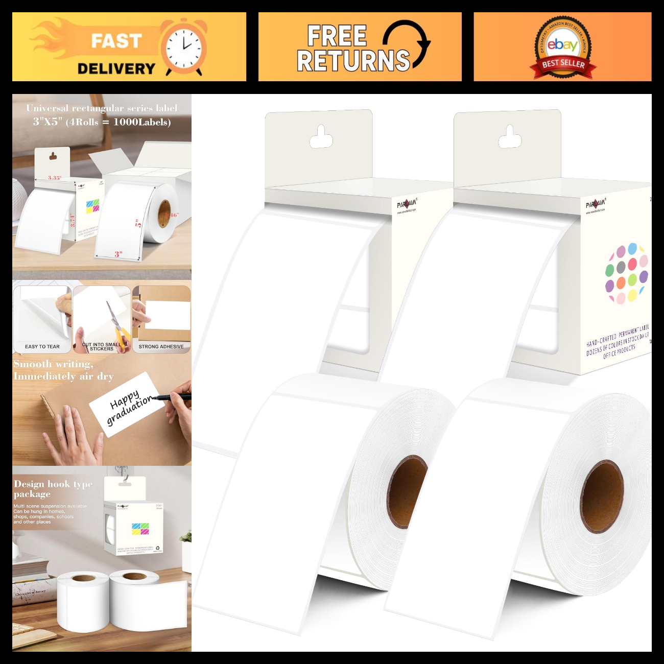 Square Pyment Sticker 1000PCS 3x5 Inch Rectangle Color Code Stickers - Large White Square ...