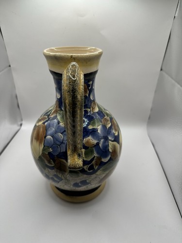Double Handle Tuscan Italy Pitcher Urn Vessel Grapes Fruit Hand Painted Ceramic - Picture 2 of 7