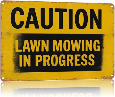 Vintage Caution Lawn Mowing In Progress Tin Metal Signs Home Décor 8x12