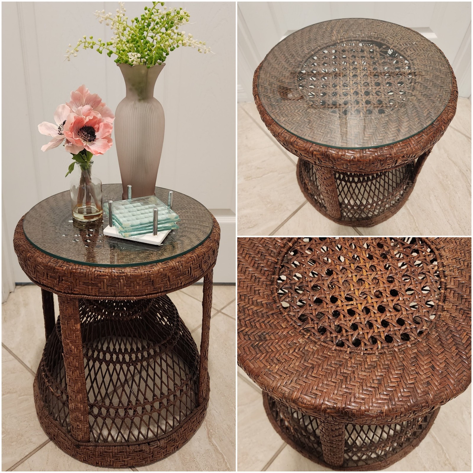 Rattan hourglass-shaped side table with a round glass top.