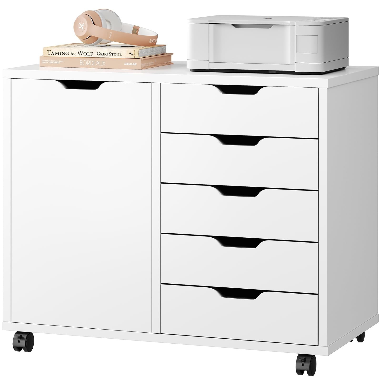 Office Wood File Cabinet w/5 Drawers&2 Shelf &Lockable Caster,Under Desk Cabinet