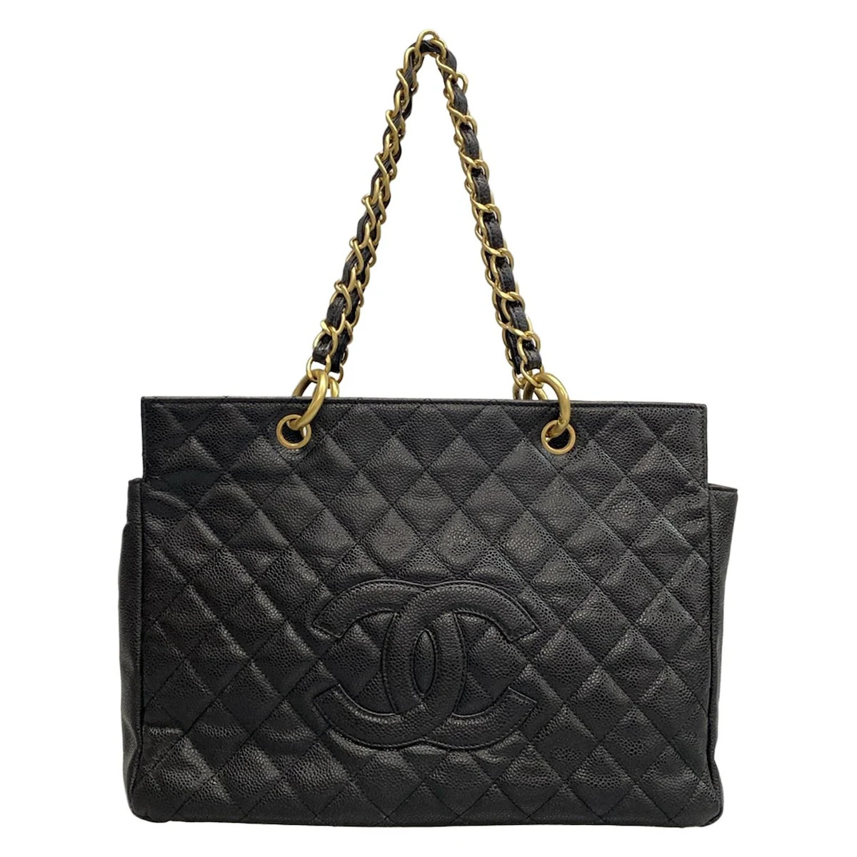 Auth CHANEL Caviar Medallion Chain Tote Black Calfskin Tote Bag Gold hardware-image