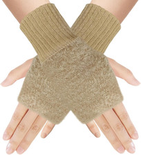Women'S Winter Fingerless Golves, Khaki Faux Fur Gloves Wrist Arm Warmth Fingerl