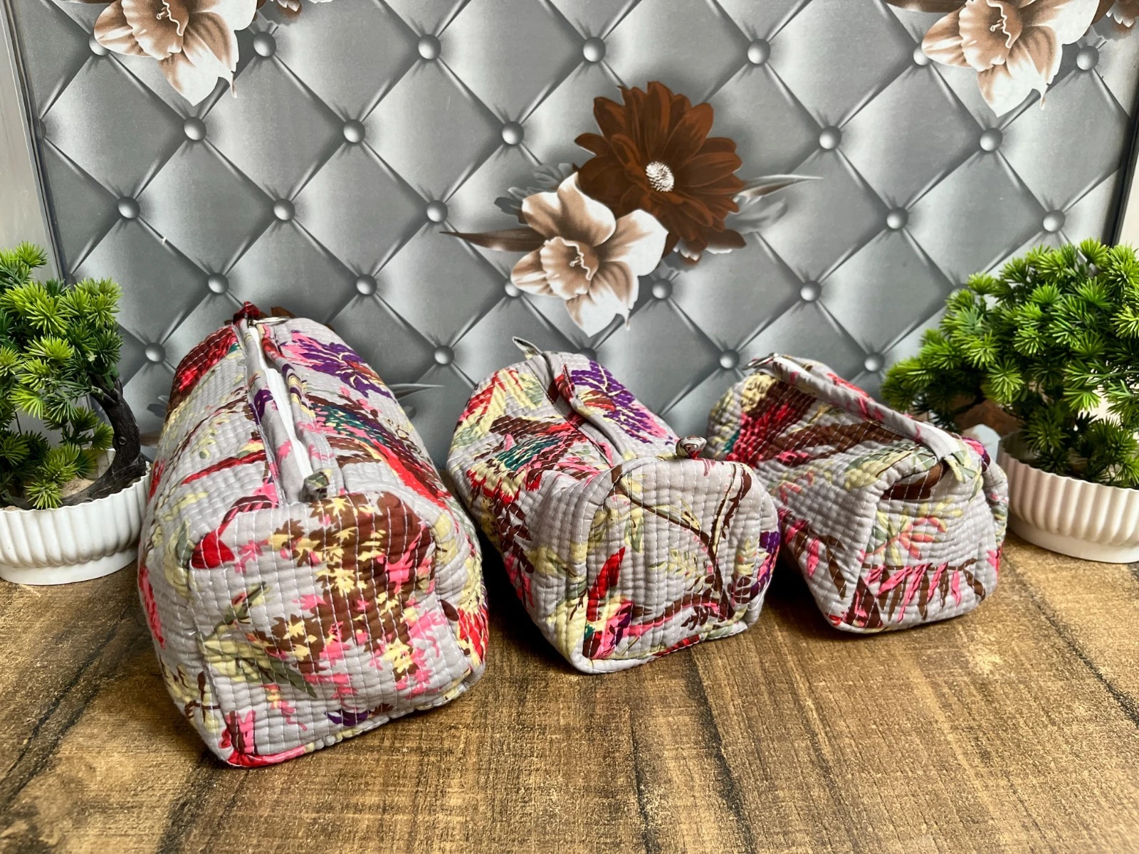 Indian Grey Bird Quilted Toiletry Bag Unisex Cotton Makeup Bags 3 Pcs Sets US