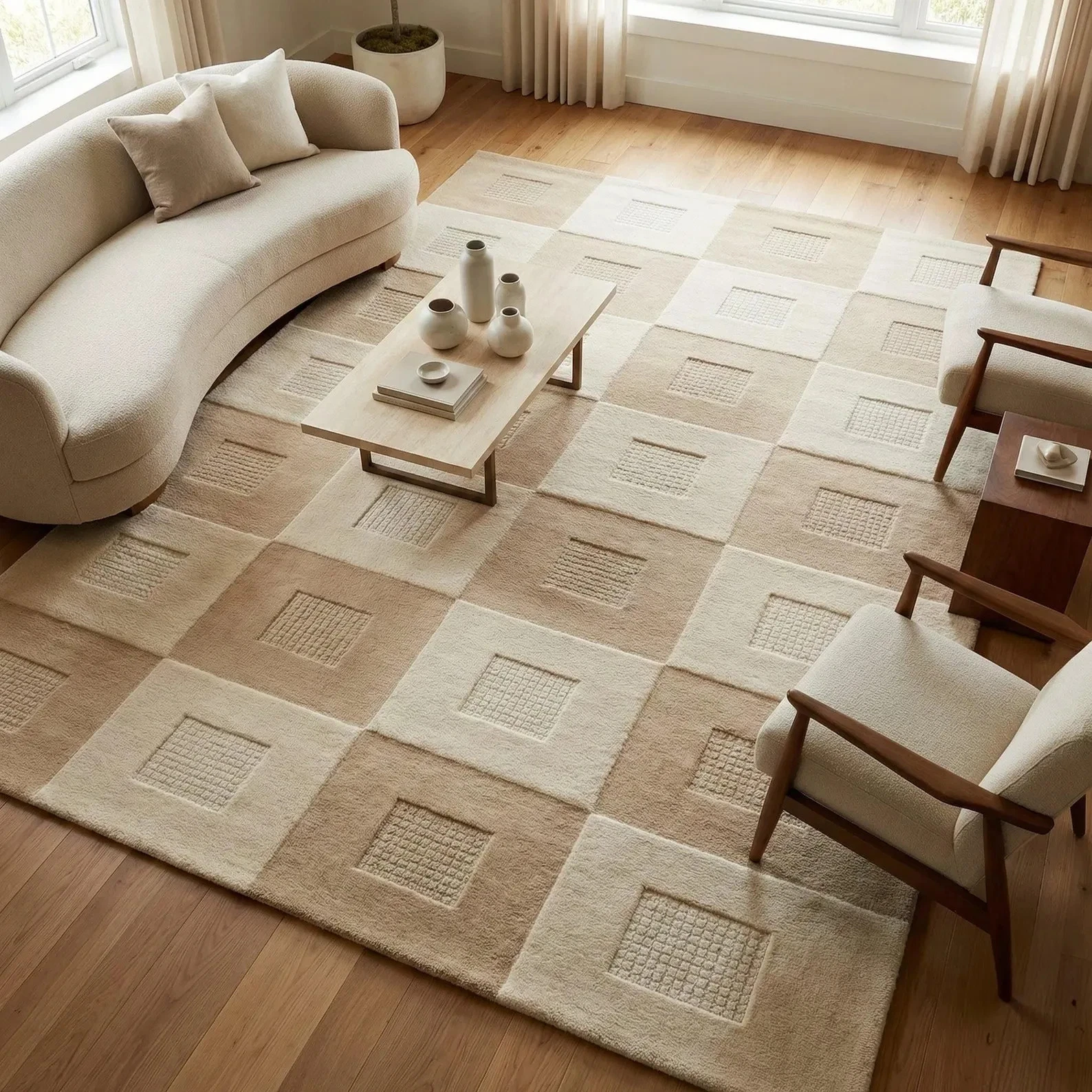 Hand Tufted Wool Rug: Beige Checkered 3D Texture, Modern Plush Carpet for living