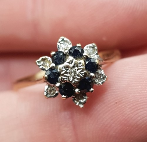 English 9ct Gold Diamond & Sapphire Gemstone Ring. UK Size O. Full 375 Hallmark - Picture 5 of 10