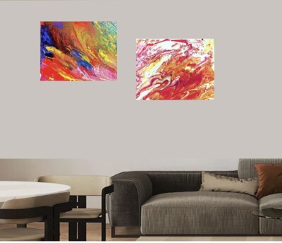 2 ORIGINAL Handmade Vibrant Abstract Canvas Art Liquid Pour Paintings Wall Decor