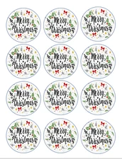 12 Merry Christmas, holidays, edible paper, cupcake cookie toppers PRE CUT