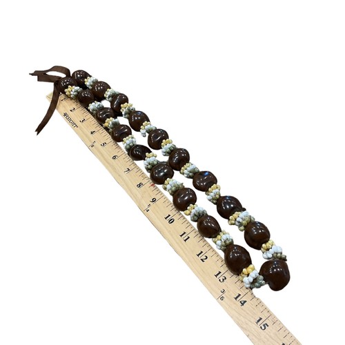 Vtg Kukui Tree Nuts Lei Necklace 28” Hawaiian Mongo Shell Koa Seed Rings Ribbon - Picture 9 of 11